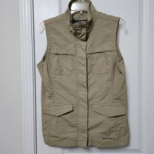 Eddie Bauer Fishing Vest Women's Small Tan Sleeveless Outdoors Hiking Zip Front